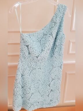 Leela and Lavender One-Shoulder Mint Side Zip  Floral Textured Mini Dress Size M